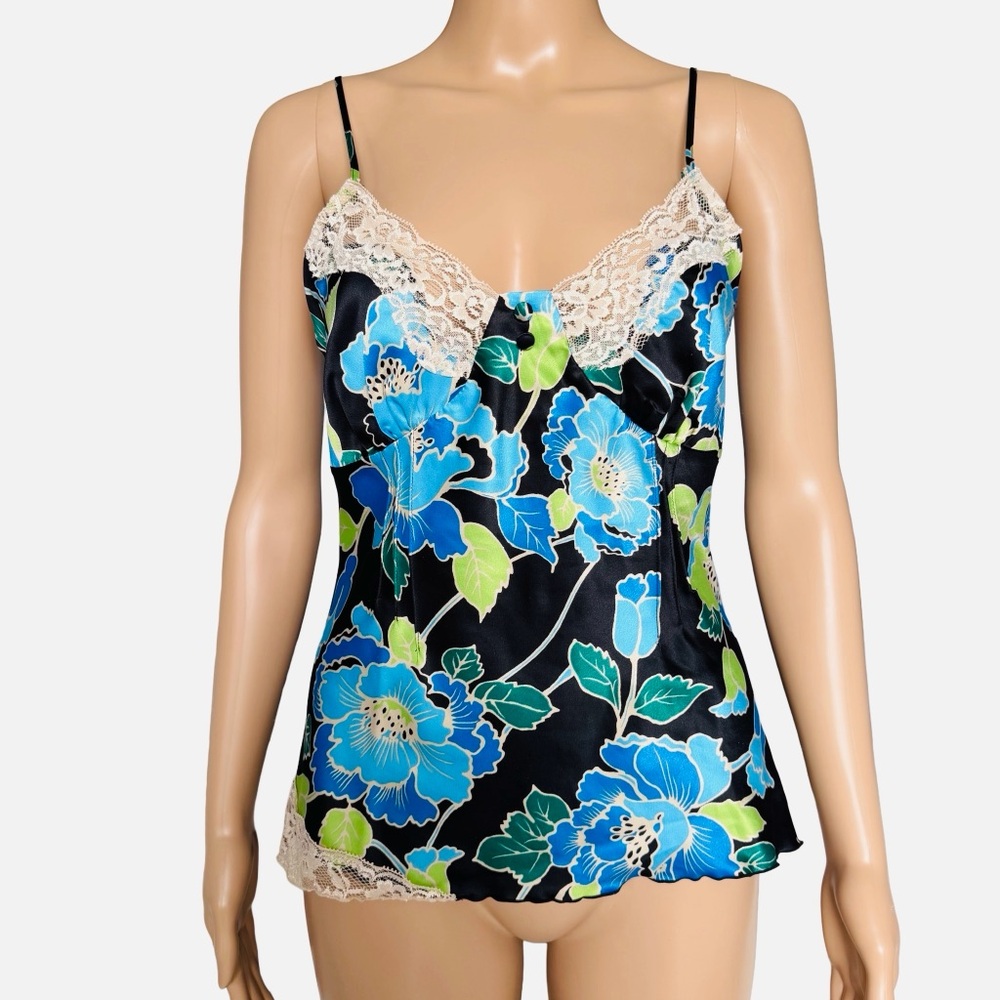 vintage y2k lace trim satin camisole vibrant blue floral print